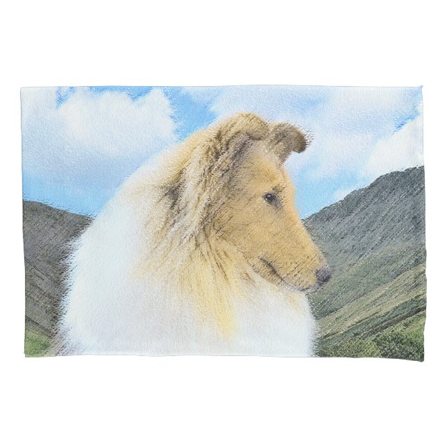 Collie in Mountains (Rough) Painting - Dog Art Pillowcase (Front)