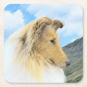 Collie in Mountains (Rough) Painting - Dog Art Square Paper Coaster