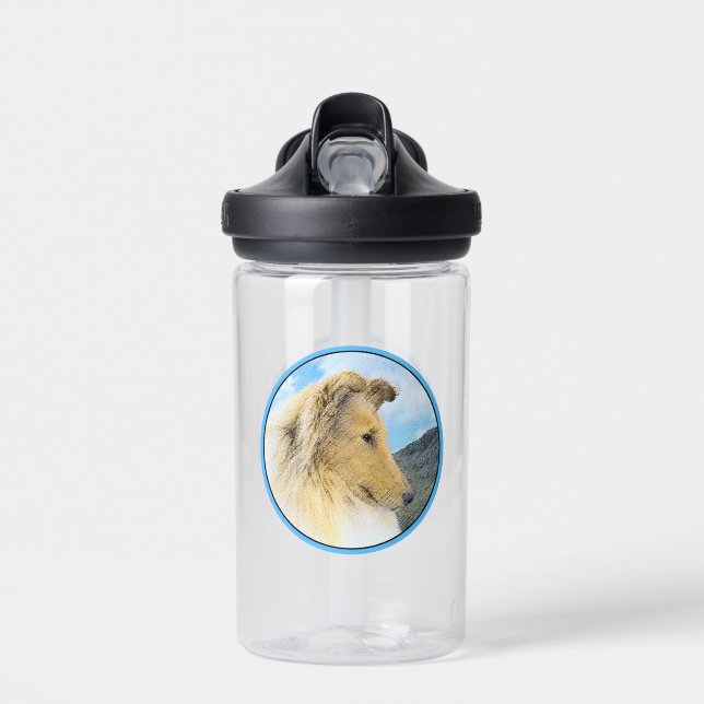 Collie in Mountains (Rough) Painting - Dog Art Water Bottle (Front)