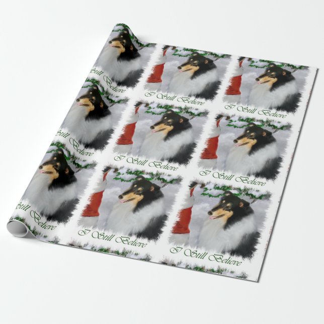 Collie Meets Santa Christmas Wrapping Paper (Unrolled)
