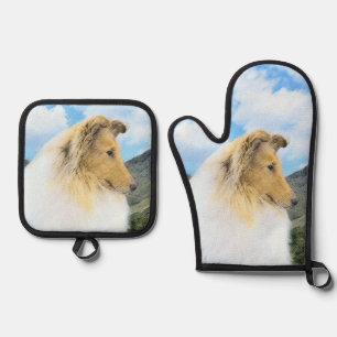 Collie Painting Rough Sable Merle Original Dog Art Oven Mitt & Pot Holder Set