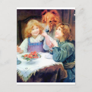 Collie Pet Dog and two girls. Postcard