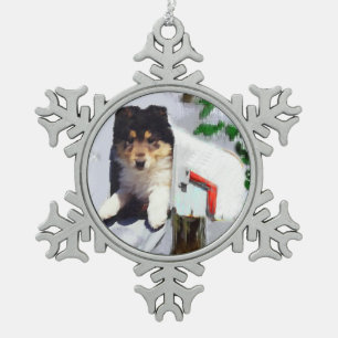 Collie Puppy Christmas Mailbox Snowflake Pewter Christmas Ornament