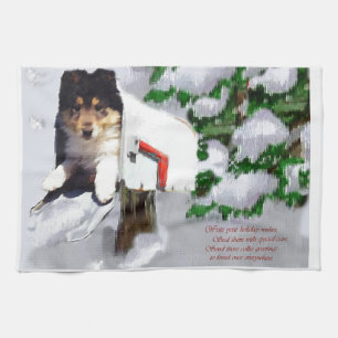 Collie Puppy Christmas Mailbox Tea Towel