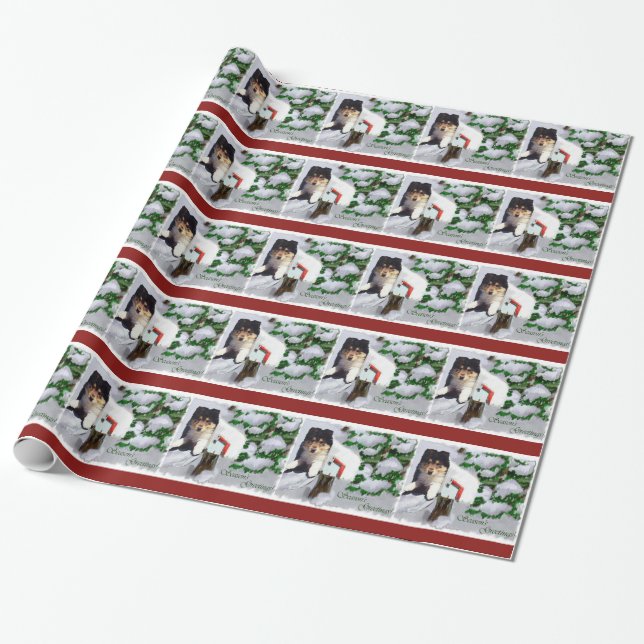 Collie Puppy Christmas Mailbox Wrapping Paper (Unrolled)