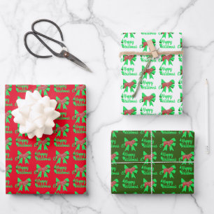 Collie Rough Christmas Dog & Green Bow 3 Colour Wrapping Paper Sheet
