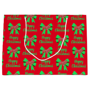 Collie Rough Christmas Dog & Green Bow Large Gift Bag