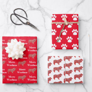 Collie Rough Cute Dog Silhouette Red Merry Woofmas Wrapping Paper Sheet