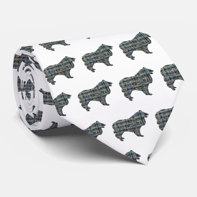Collie Rough Dog Yellow & Black Grid White Tie (Rolled)