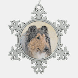 Collie (Rough) Painting - Cute Original Dog Art Snowflake Pewter Christmas Ornament