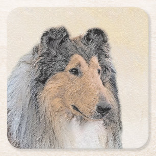 Collie (Rough) Painting - Cute Original Dog Art Square Paper Coaster