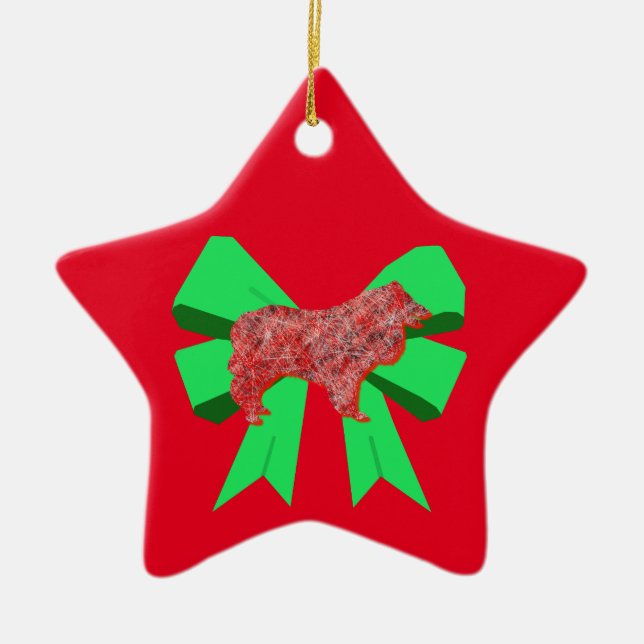 Collie Rough Red Dog & Green Bow Christmas Ceramic Ceramic Tree Decoration (Front)