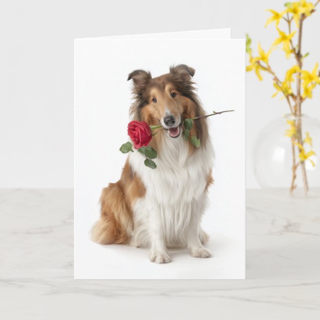 Collie Valentine’s Day – Gentle Love with a Rose Card (Yellow Flower)