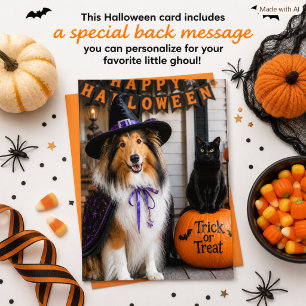Collie Witch  and Black Cat Halloween For Kids  Holiday Card