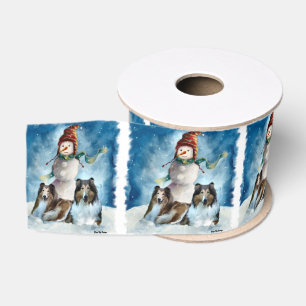 Collies and Snowman Christmas Grosgrain Ribbon