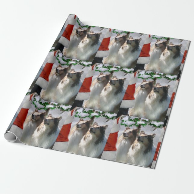 Collies Meet Santa Christmas Wrapping Paper (Unrolled)