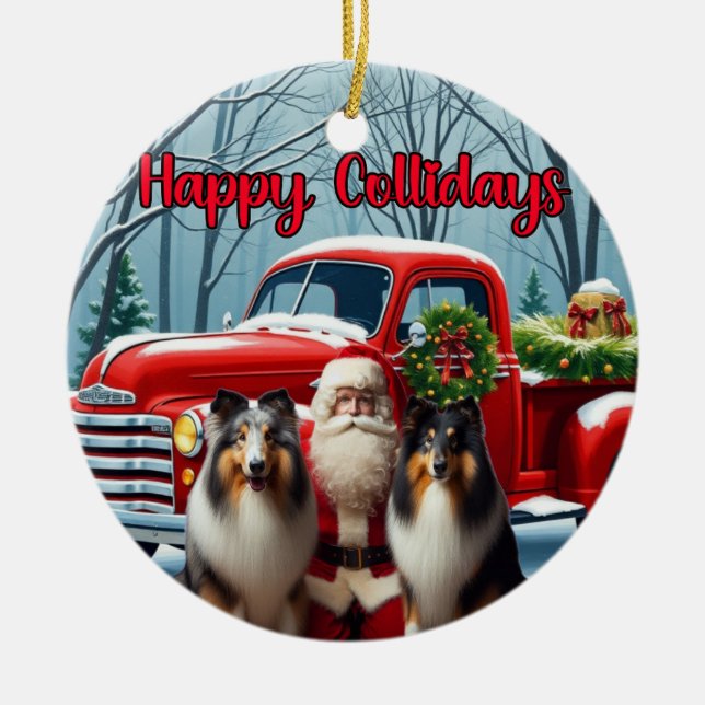 Collies, Santa, Red Truck Ornament  (Front)