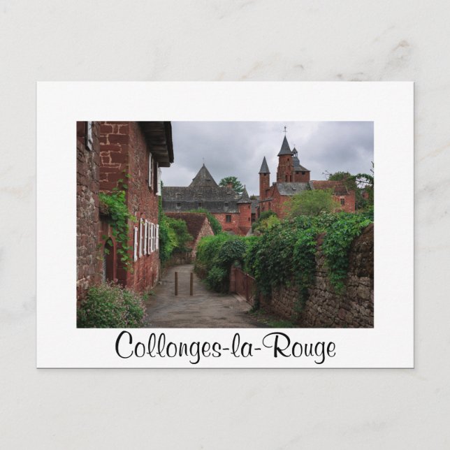 Collonges-la-Rouge white text postcard (Front)
