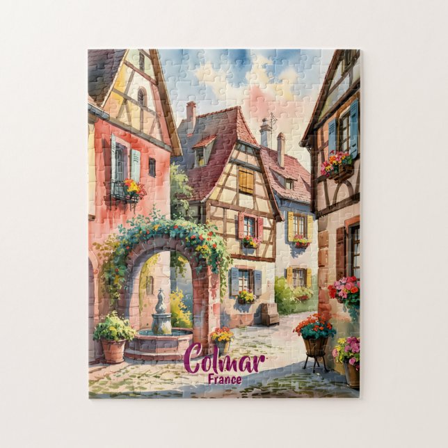 Colmar France Alsace Watercolor Travel Custom Text Jigsaw Puzzle (Vertical)