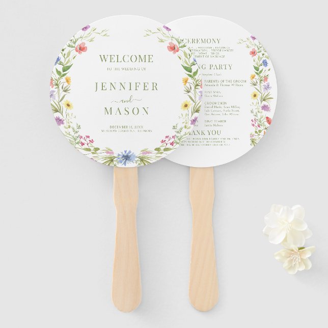Coloful Meadow Flowers Wildflowers Wedding Program Hand Fan (Front and Back)