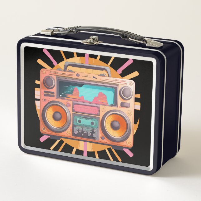 Coloful retro 80s boombox with a sunburst in the. metal lunch box (Front)