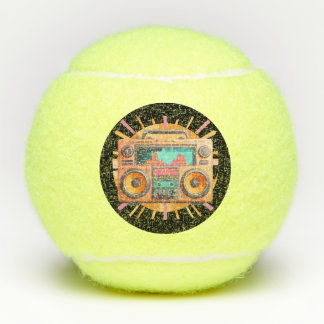 Coloful retro 80s boombox with a sunburst in the. tennis balls