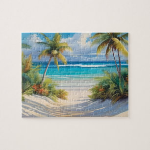 Coloful Tropical Paradise Sea & Palm Trees Jigsaw Puzzle