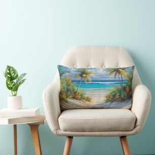 Coloful Tropical Paradise Sea & Palm Trees Lumbar Cushion