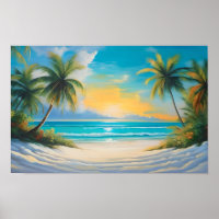 Coloful Tropical Paradise Sea & Palm Trees