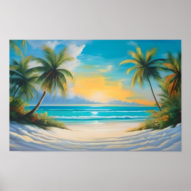 Coloful Tropical Paradise Sea & Palm Trees Poster (Front)