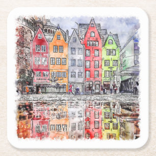 Cologne Germany Hand Drawn Watercolor Sketch Square Paper Coaster