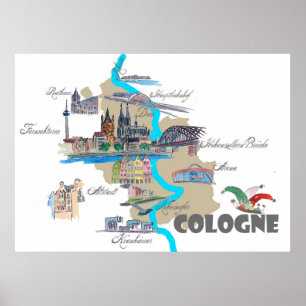 Cologne map with tourist highlights poster