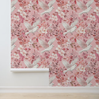colombes et fleurs sur fond rose wallpaper