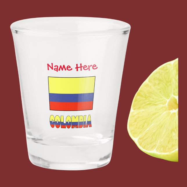 Colombia and Colombian Flag Red Personalisation Shot Glass (The Colombian flag on a shot glass with the word COLOMBIA below in the flag colors. Add  name above.)