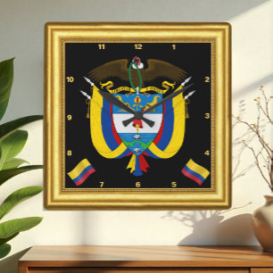 Colombia Clock, Gold Frame, Emblem, Vintage Square Wall Clock