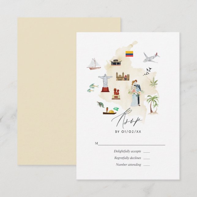 Colombia Destination Wedding Map RSVP Card (Front/Back)