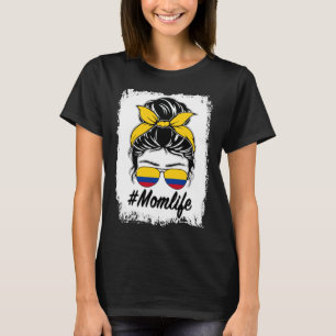 Colombia Flag Colombian Mum Messy Bun Mum Life T-Shirt
