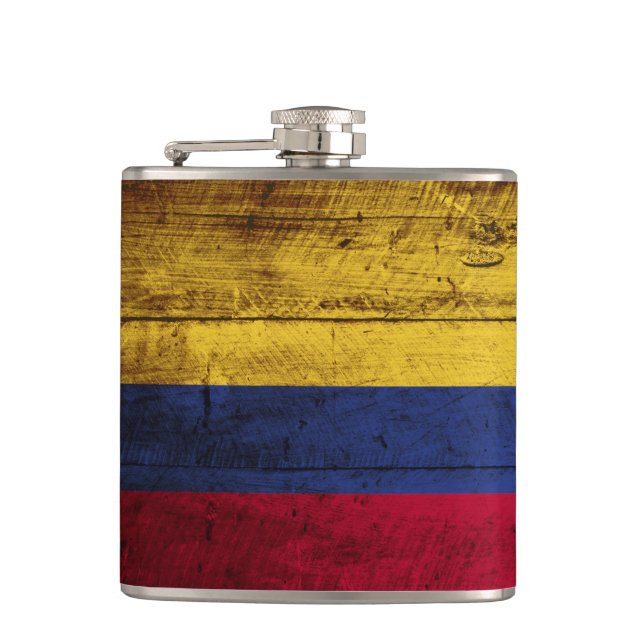 Colombia Flag on Old Wood Grain Hip Flask (Front)