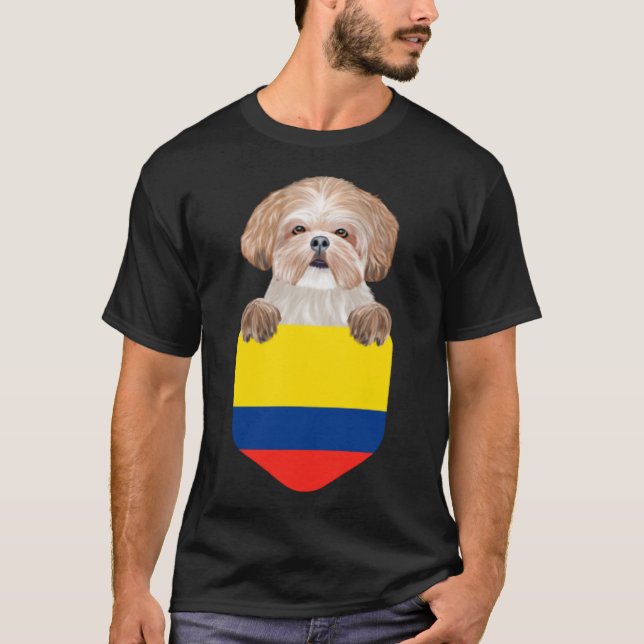 Colombia Flag Shih Tzu Dog In Pocket T-Shirt (Front)