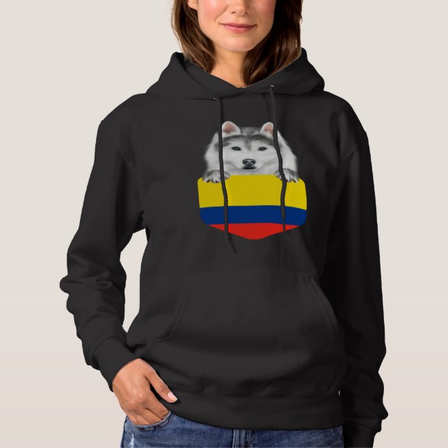 Colombia Flag Siberian Husky Dog In Pocket Hoodie (Front)