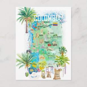 Colombia Illustrated Travel Map  Postcard