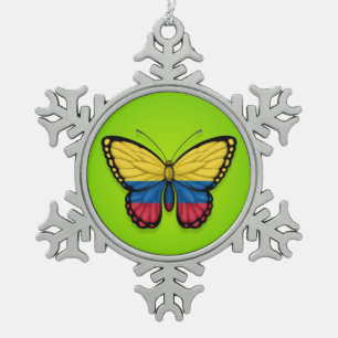 Colombian Butterfly Flag on Green Snowflake Pewter Christmas Ornament