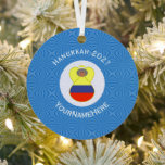 Colombian Flag Hanukkah Angel Abuela Name Year Metal Tree Decoration<br><div class="desc">Hanukkah decor metal ornament has an Abuela angel wearing the yellow, red, and blue flag of Colombia. The Colombian Hanukkah Abuela angel has grey hair and flies inside a circle of white squiggly squares. A background of blue squiggly squares surrounds it all. You can add your own text. You can...</div>