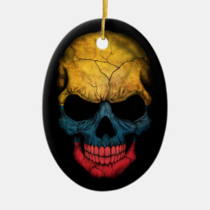 Colombian Flag Skull on Black Ceramic Tree Decoration