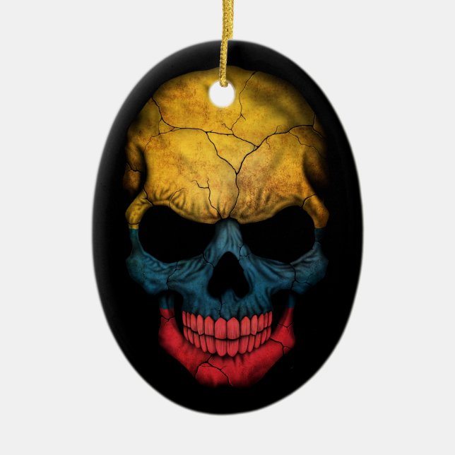 Colombian Flag Skull on Black Ceramic Tree Decoration (Front)