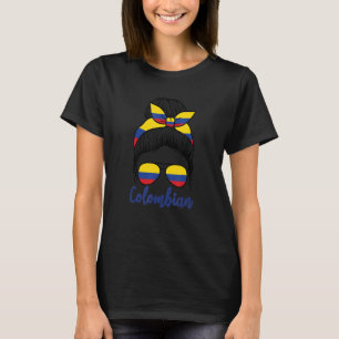 Colombian Messy Bun Girl Love Colombia Flag Woman  T-Shirt