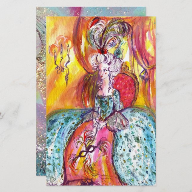 COLOMBINA  Venetian Masquerade Masks Blue Pink Stationery (Front/Back)