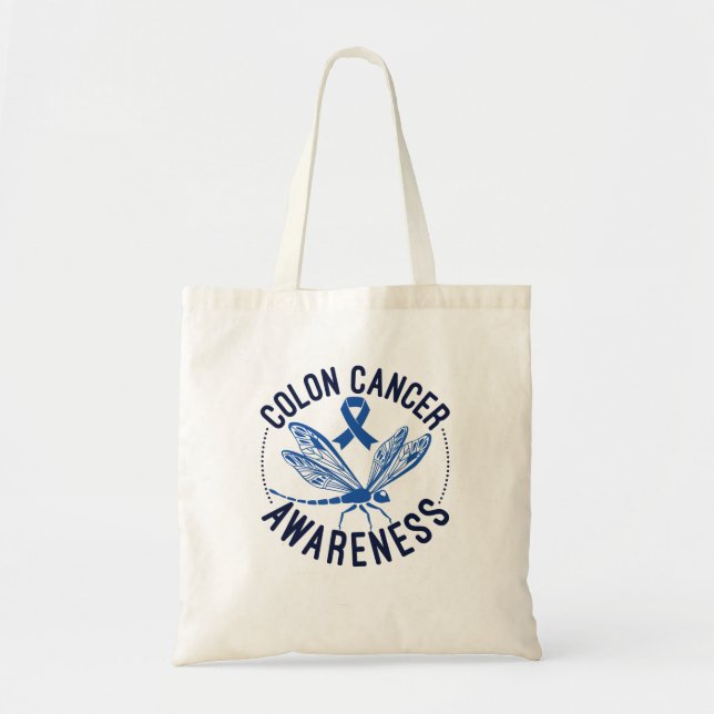 Colon Cancer Awareness Dragonfly Blue Ribbon Tote Bag (Front)