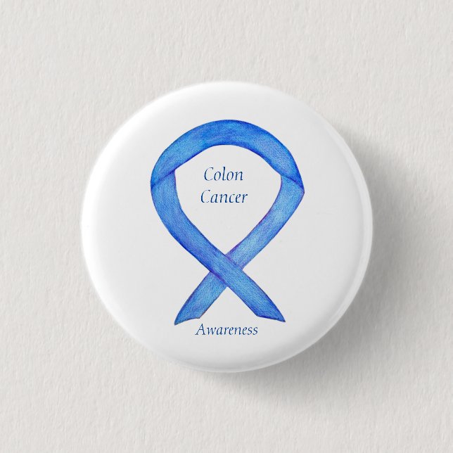 Colon Cancer Blue Awareness Ribbon Custom Art Pin (Front)