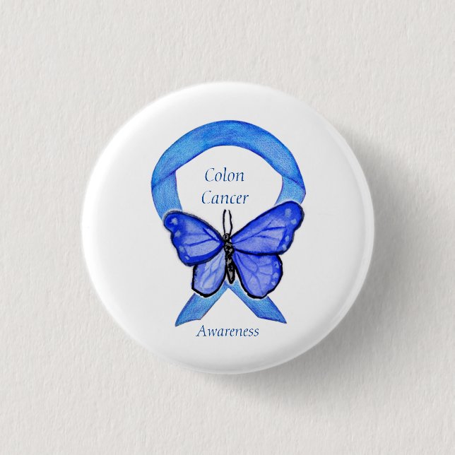 Colon Cancer Blue Awareness Ribbon Custom Art Pin (Front)